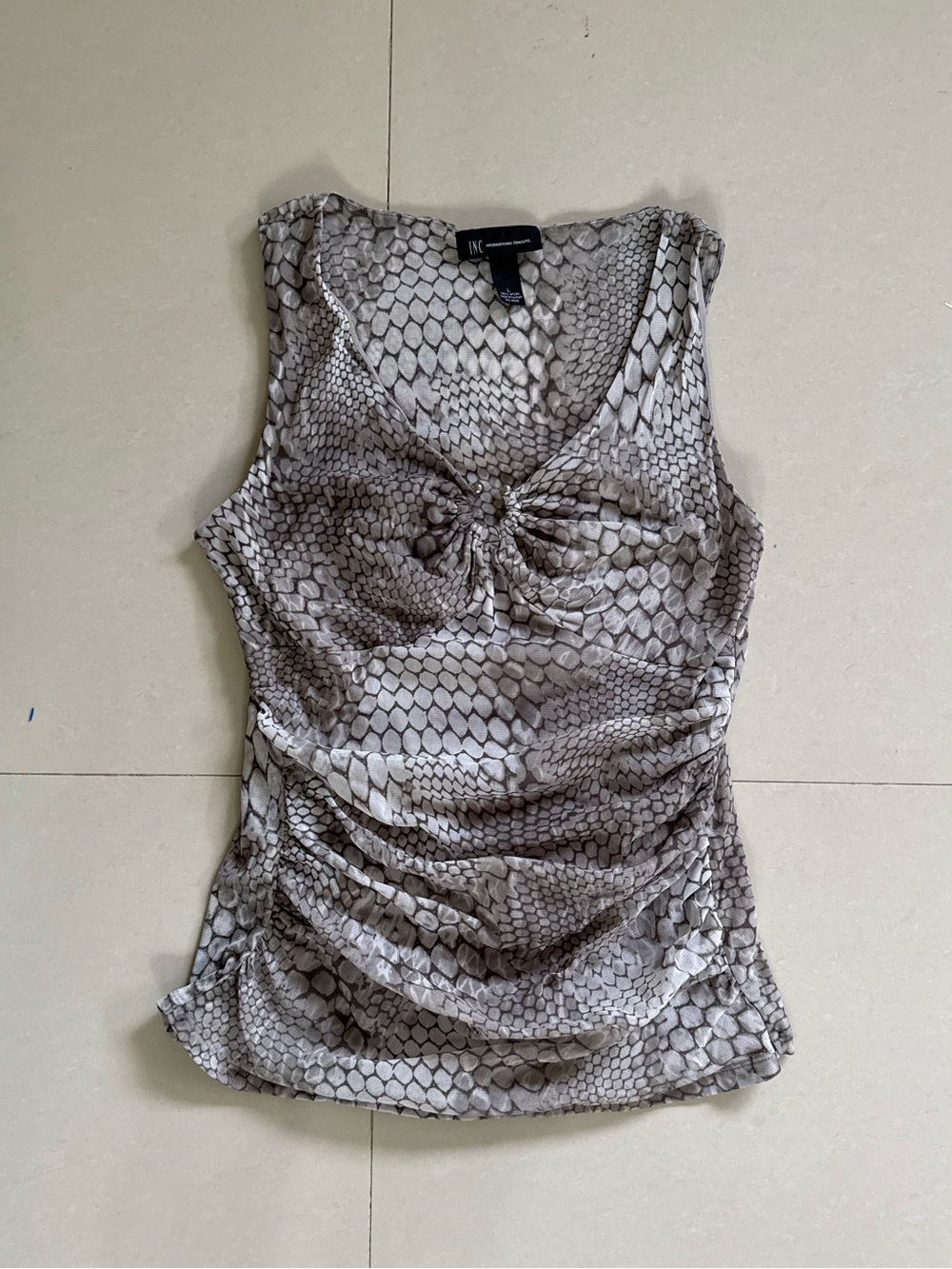 INC Taupe Snake-Print Knot-Front Ruched Camisole with Silver Ring